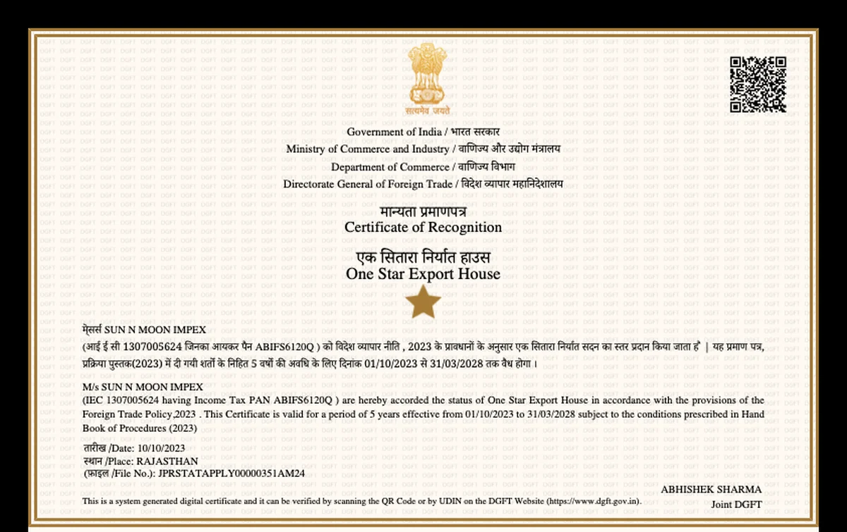 One Star Export House certificate, Sun N Moon Impex